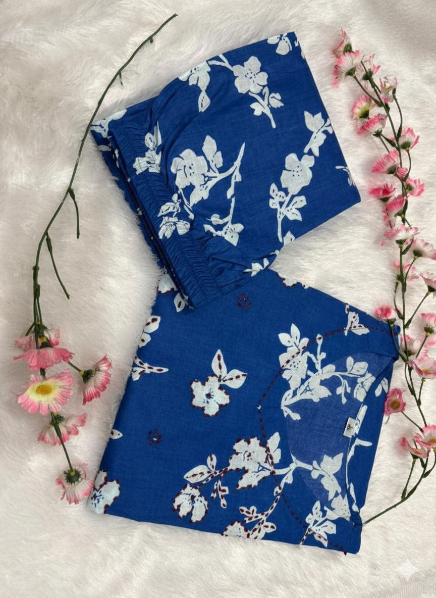 Blue Flared A-Line Cotton Kurti Plazzo Set