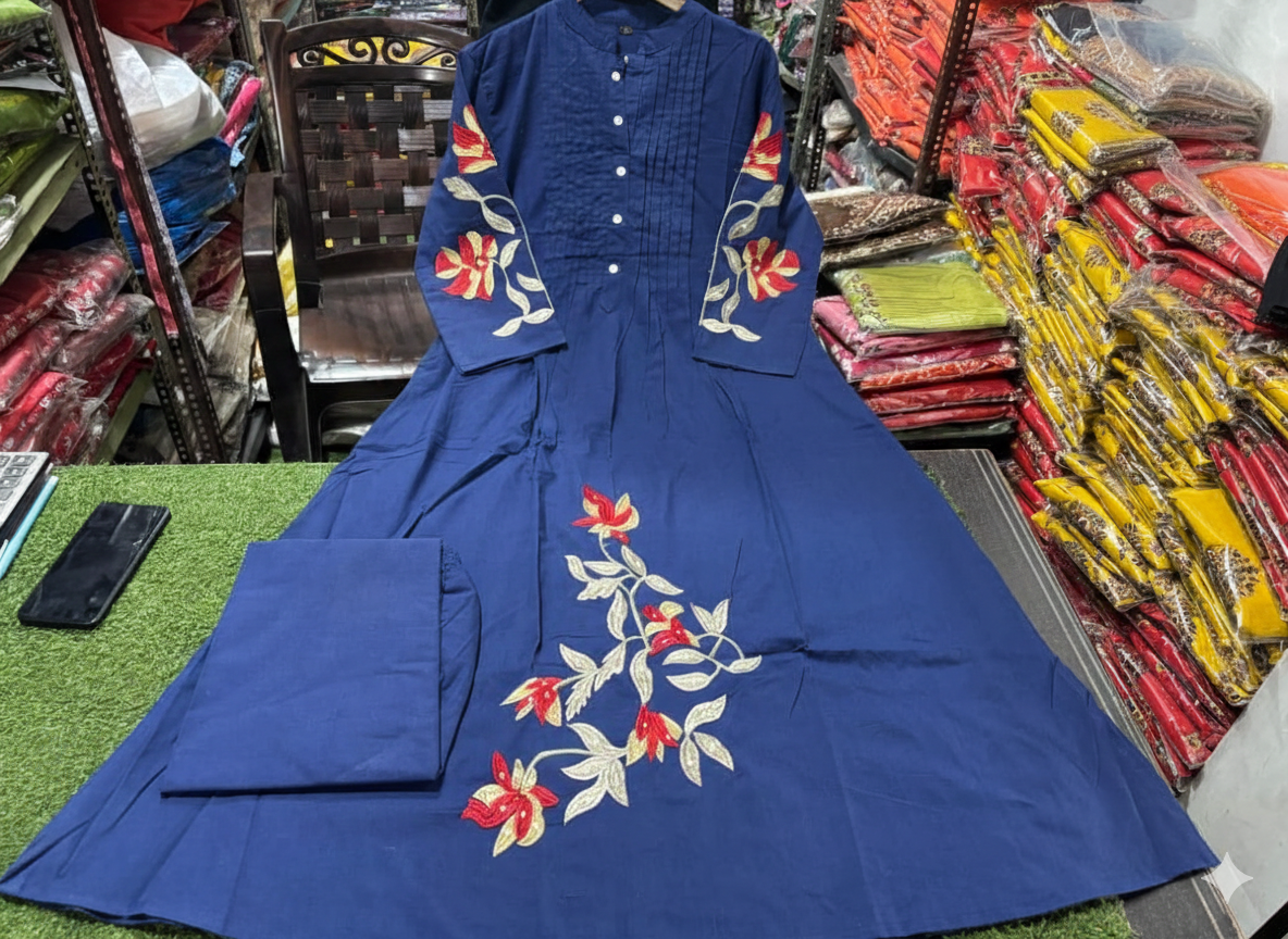 Blue Pintex Embroidered Summer Cotton Kurti