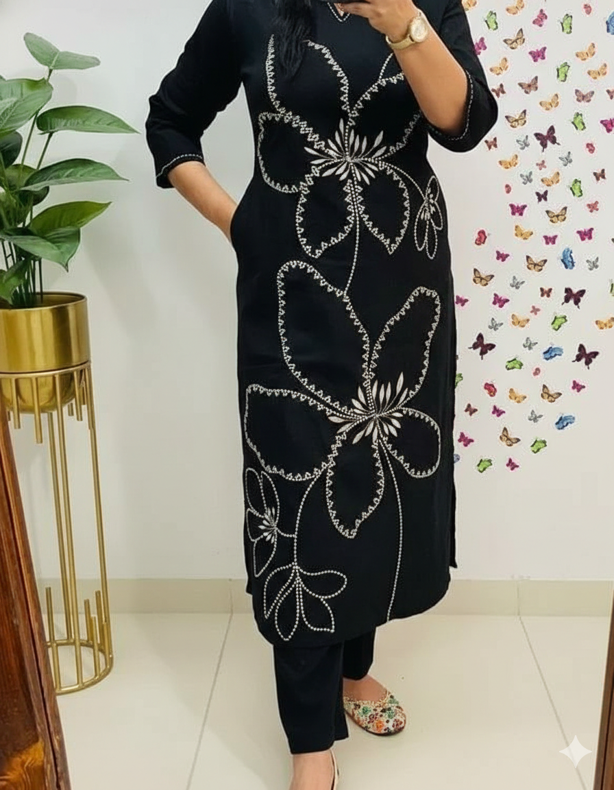 Black Heavy Cotton 60x60 Embroidered Kurti Pant Set