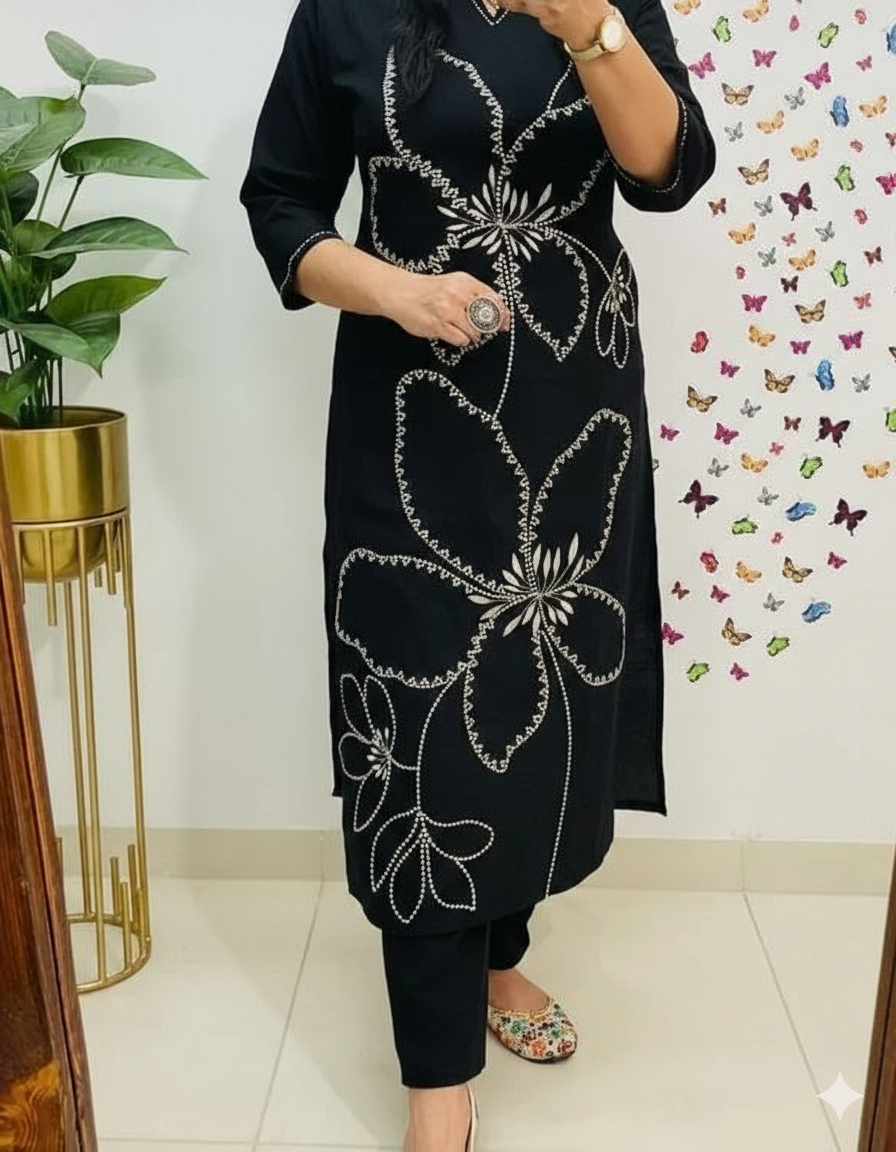 Black Heavy Cotton 60x60 Embroidered Kurti Pant Set