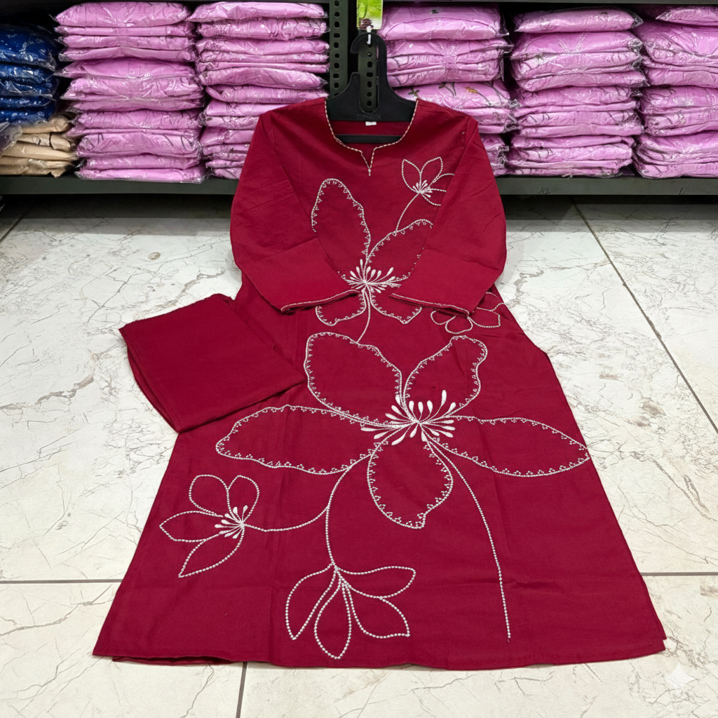 Red Heavy Cotton 60x60 Embroidered Kurti Pant Set