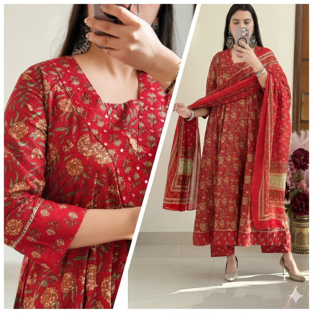 Printed Cotton Anarkali Kurta Set with Dupatta