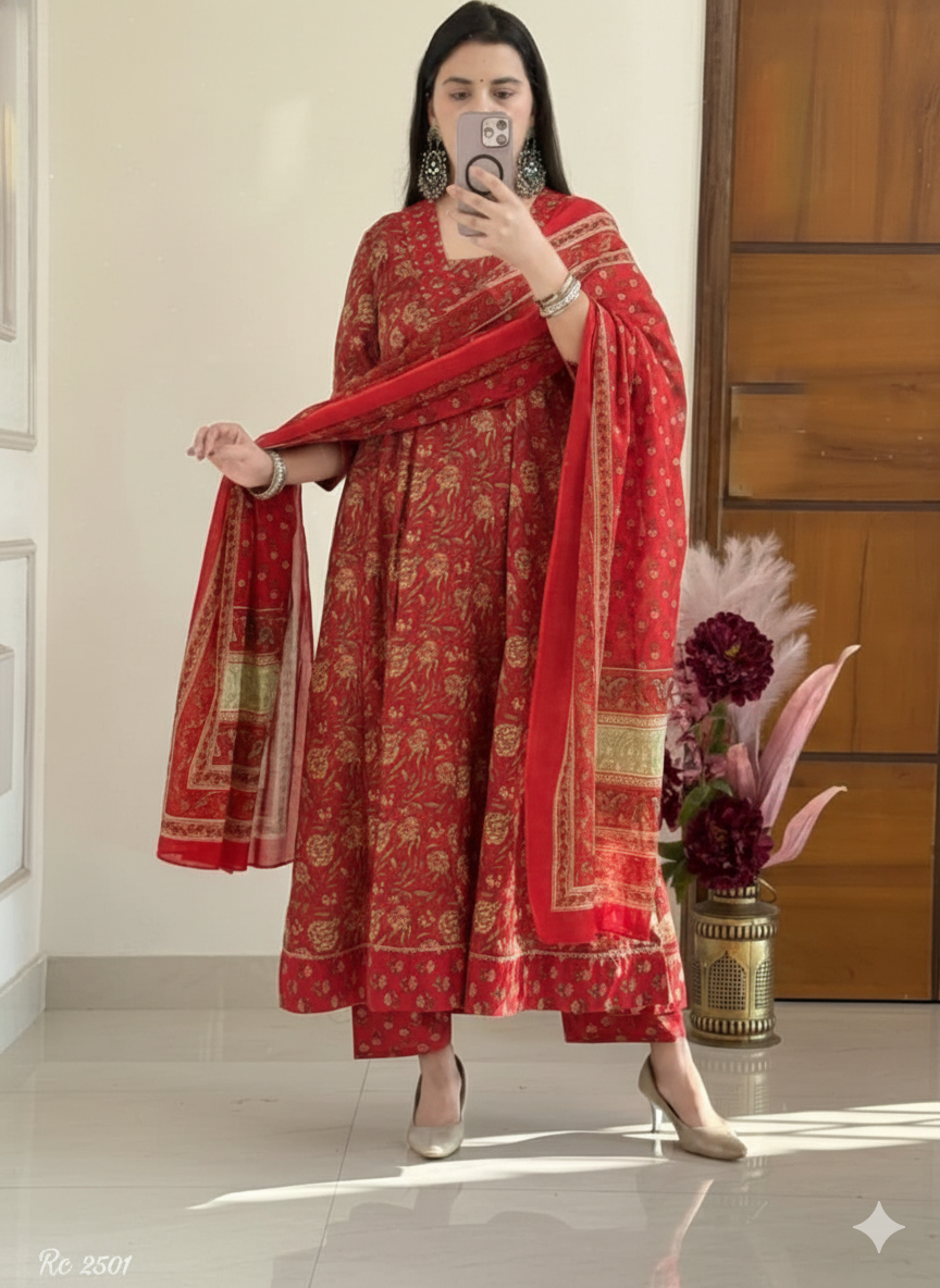 Printed Cotton Anarkali Kurta Set with Dupatta