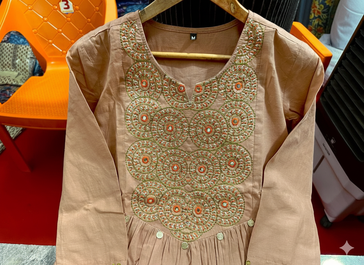 Brown Flared Cotton Anarkali Suit Set with Dupatta