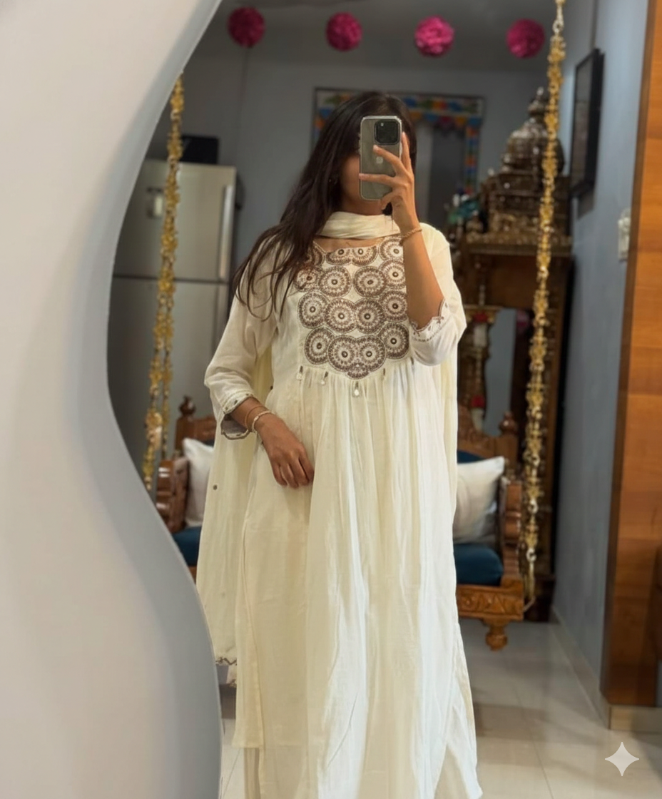 White Flared Cotton Anarkali Suit Set with Dupatta