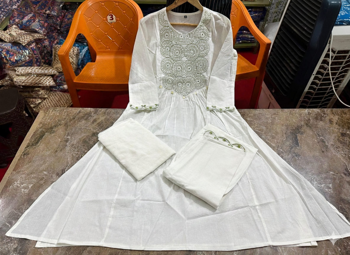 White Flared Cotton Anarkali Suit Set with Dupatta