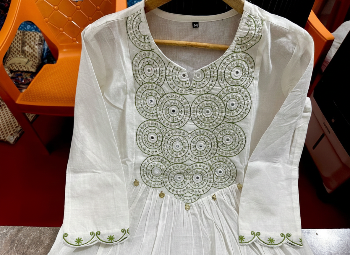 White Flared Cotton Anarkali Suit Set with Dupatta